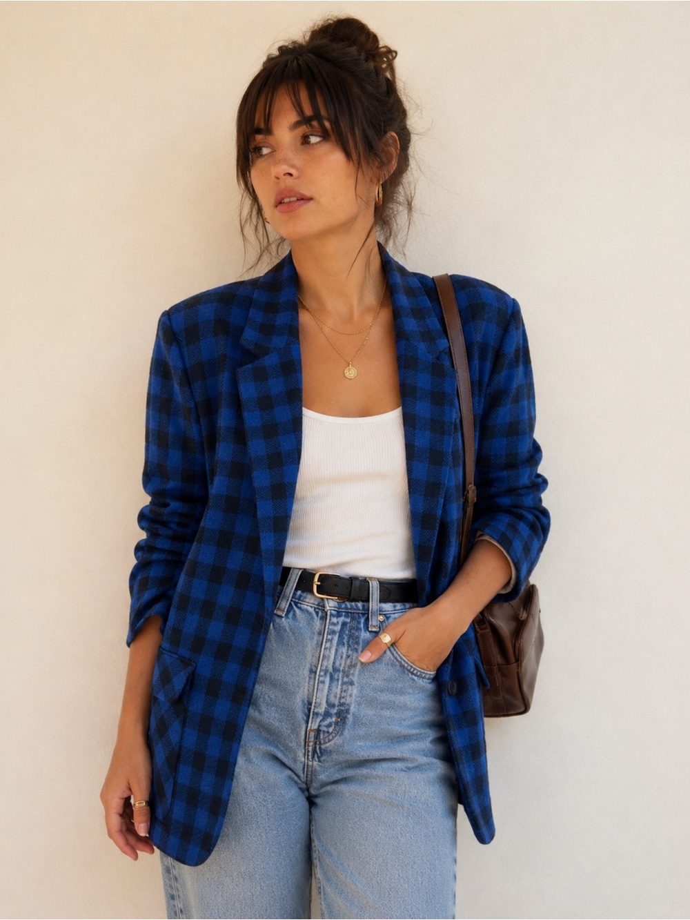 Vintage Plaid Wool Oversized Blazer | Blue & Black | Size Medium